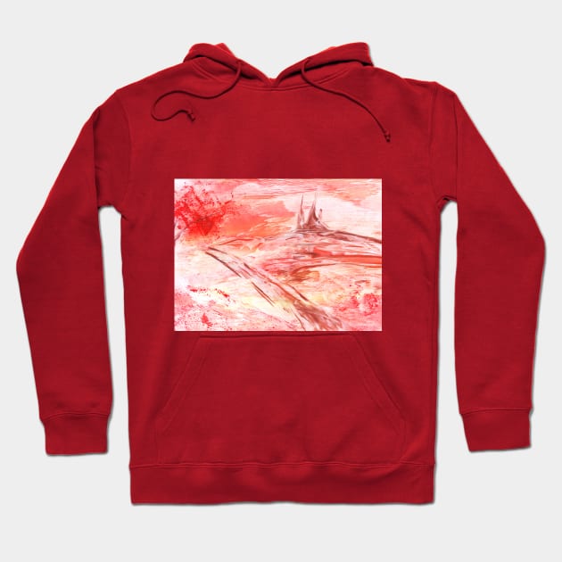 Red landscape with a castle. Encaustic, art decoration, sketch. Hoodie by grafinya